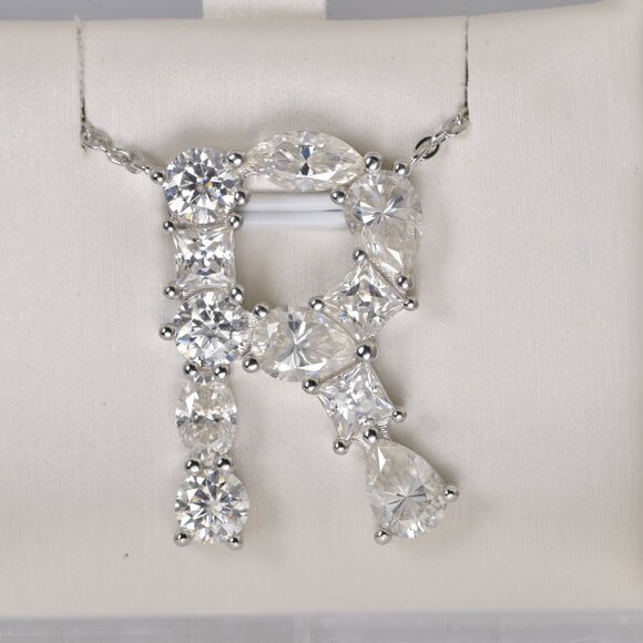 Real Moissanite "R" Diamond all Moissanite Initial Pendant 925 Sterling Silver - Picture 2 of 4
